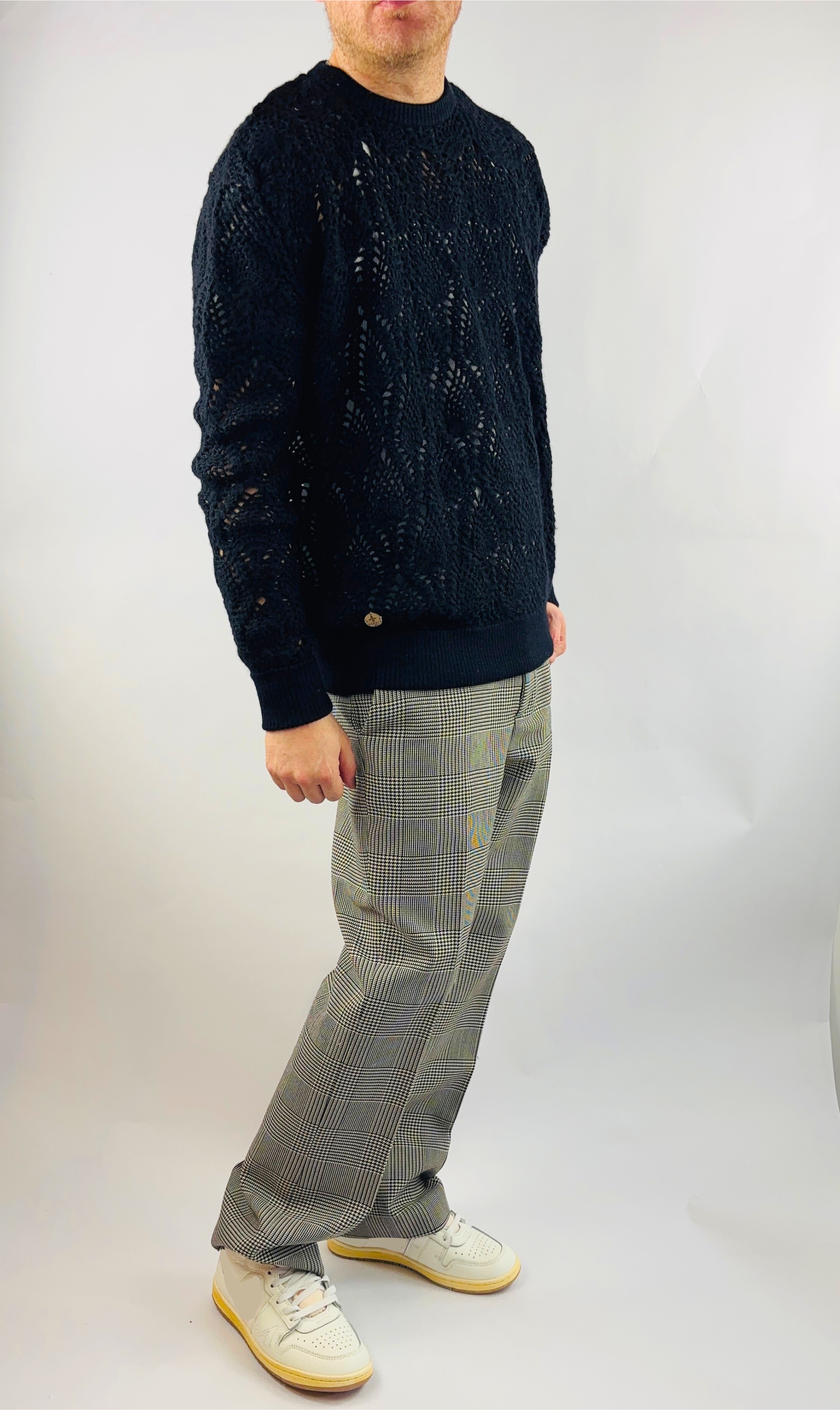 Crochet Pullover Handgemacht in Peru Baby Alpaka Wolle Regular Fit Rundhals Schwarz