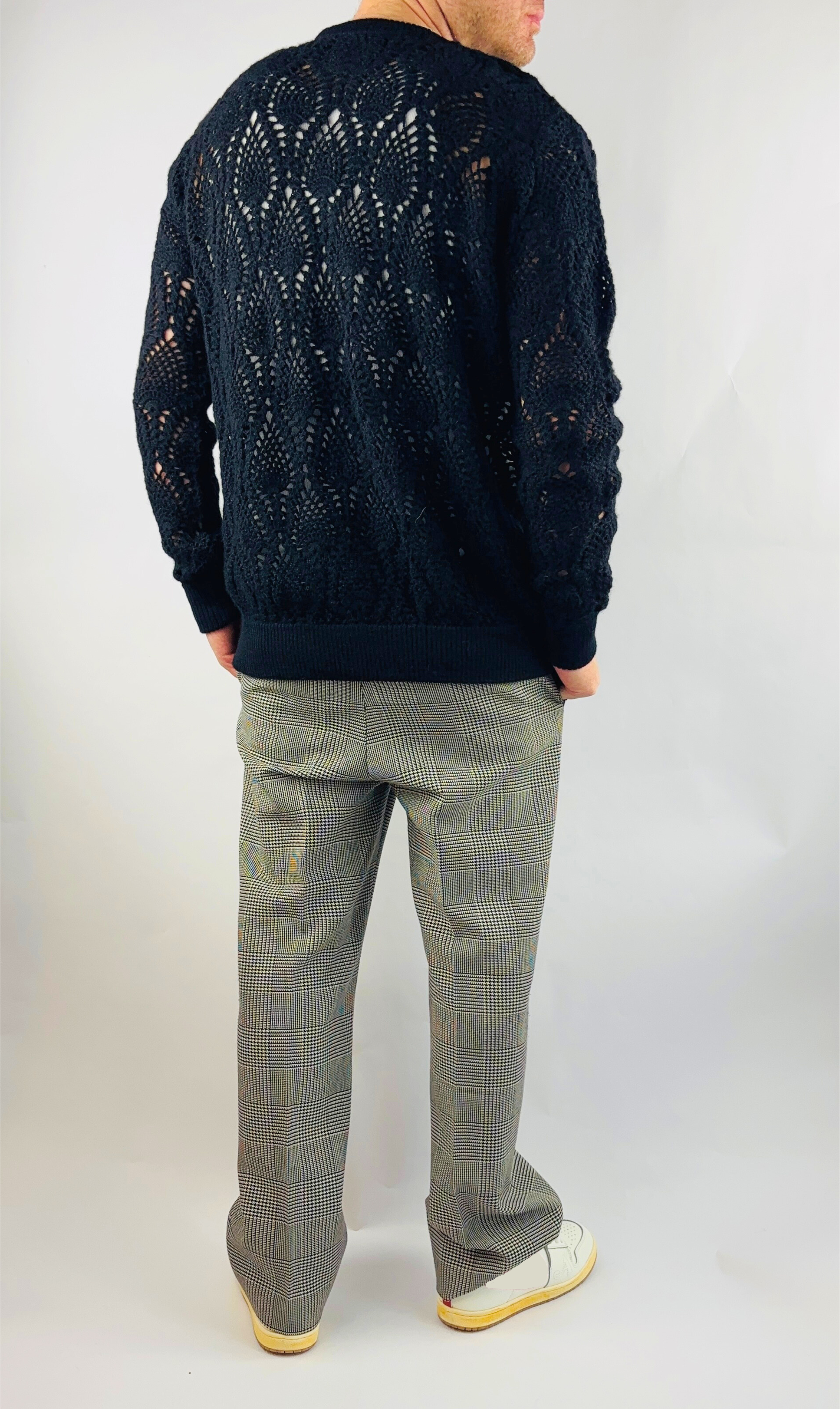 Crochet Pullover Handgemacht in Peru Baby Alpaka Wolle Regular Fit Rundhals Schwarz