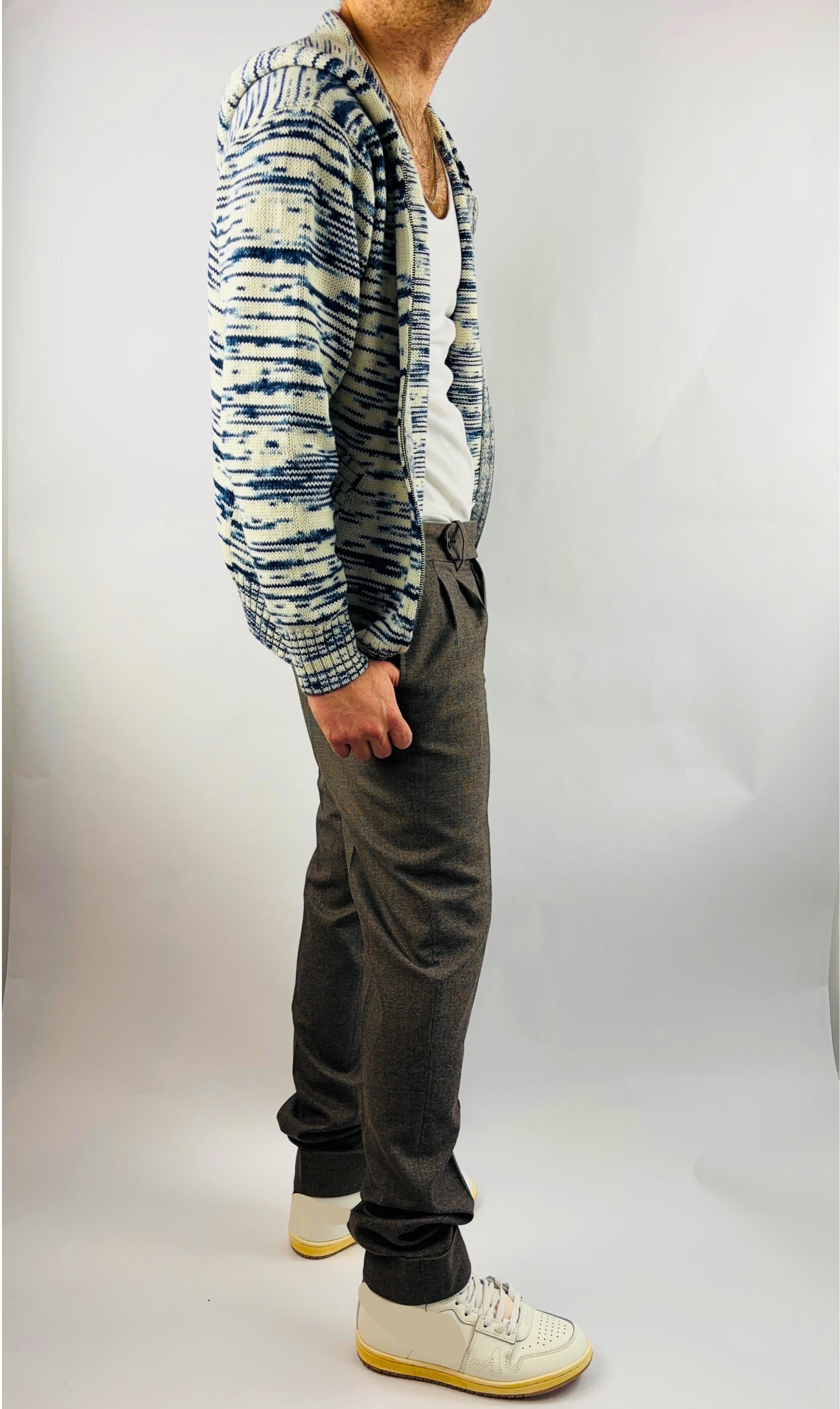 Hoodie Handgemacht in Peru Baby Alpaka Wolle Regular Fit Kapuze/Zipper Blau/Weiß