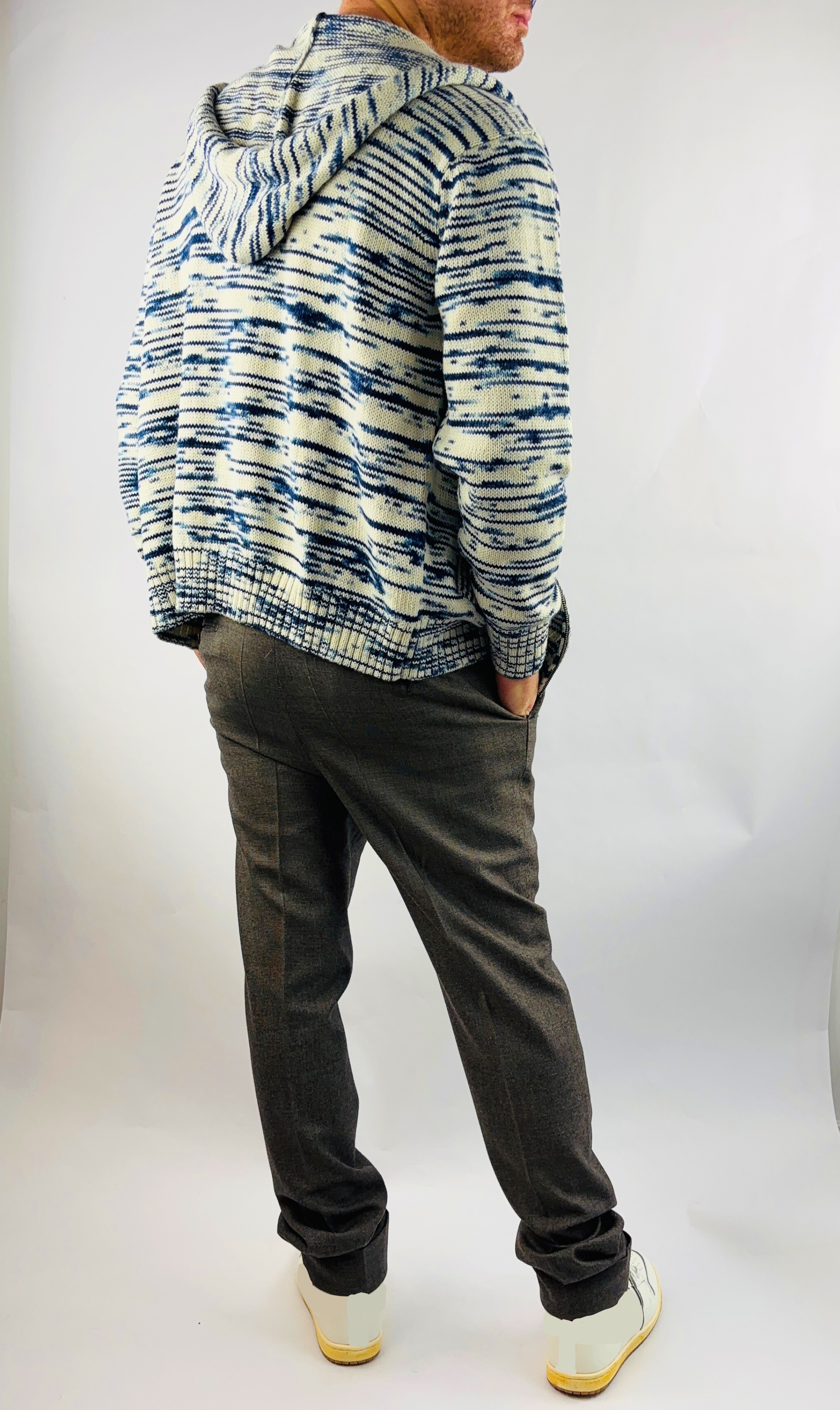 Hoodie Handgemacht in Peru Baby Alpaka Wolle Regular Fit Kapuze/Zipper Blau/Weiß