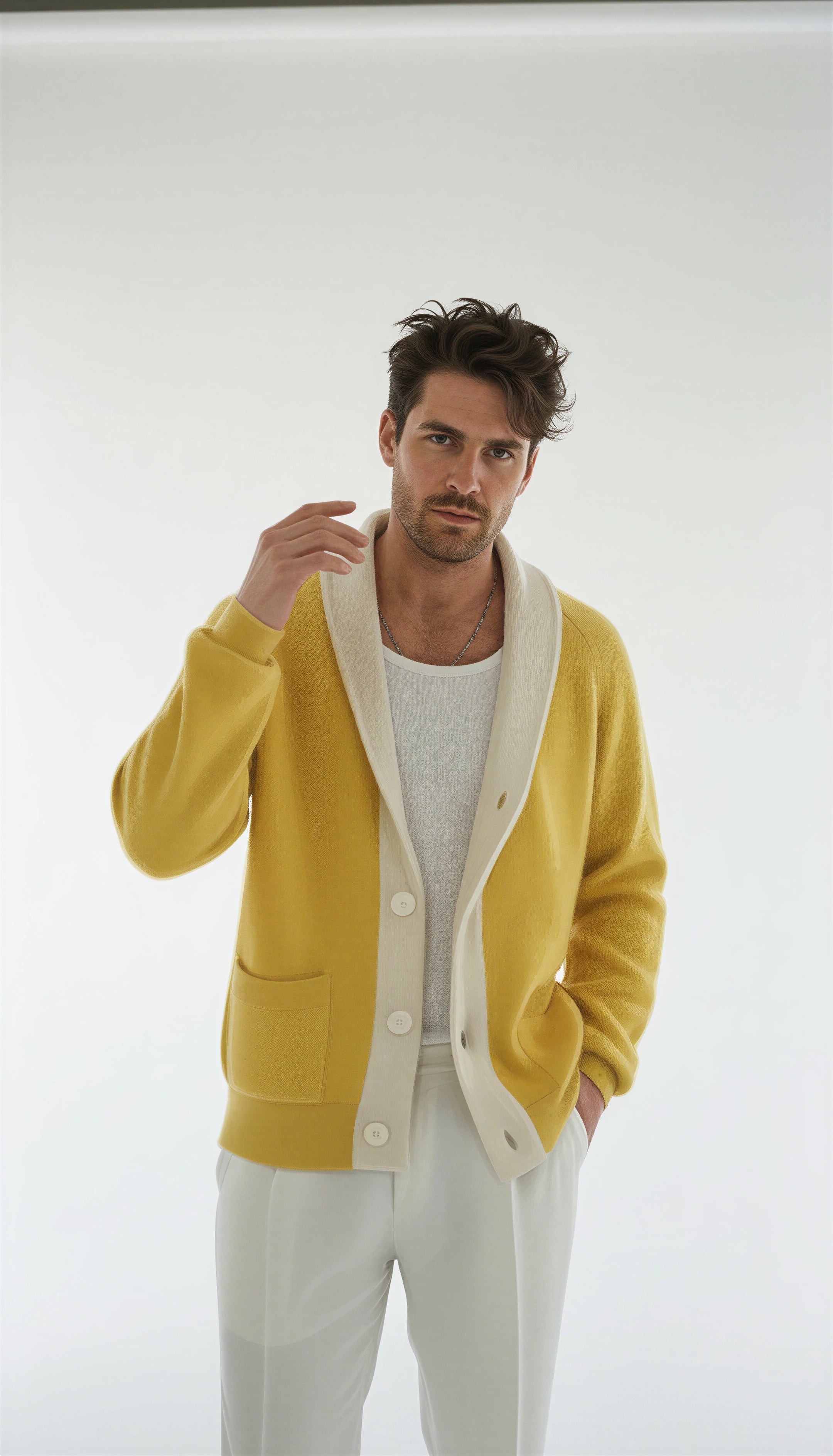 Strickjacke Handgemacht in Peru Baby Alpaka Wolle Regular Fit Schalkragen Gelb