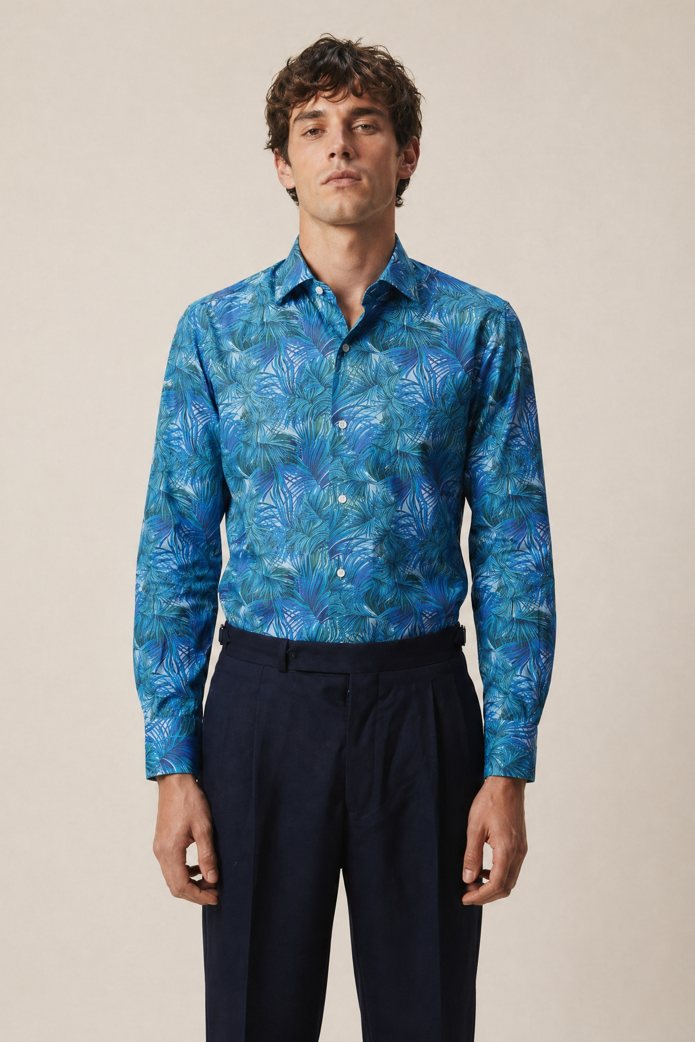 Palm Print Shirt Slim Fit Blue