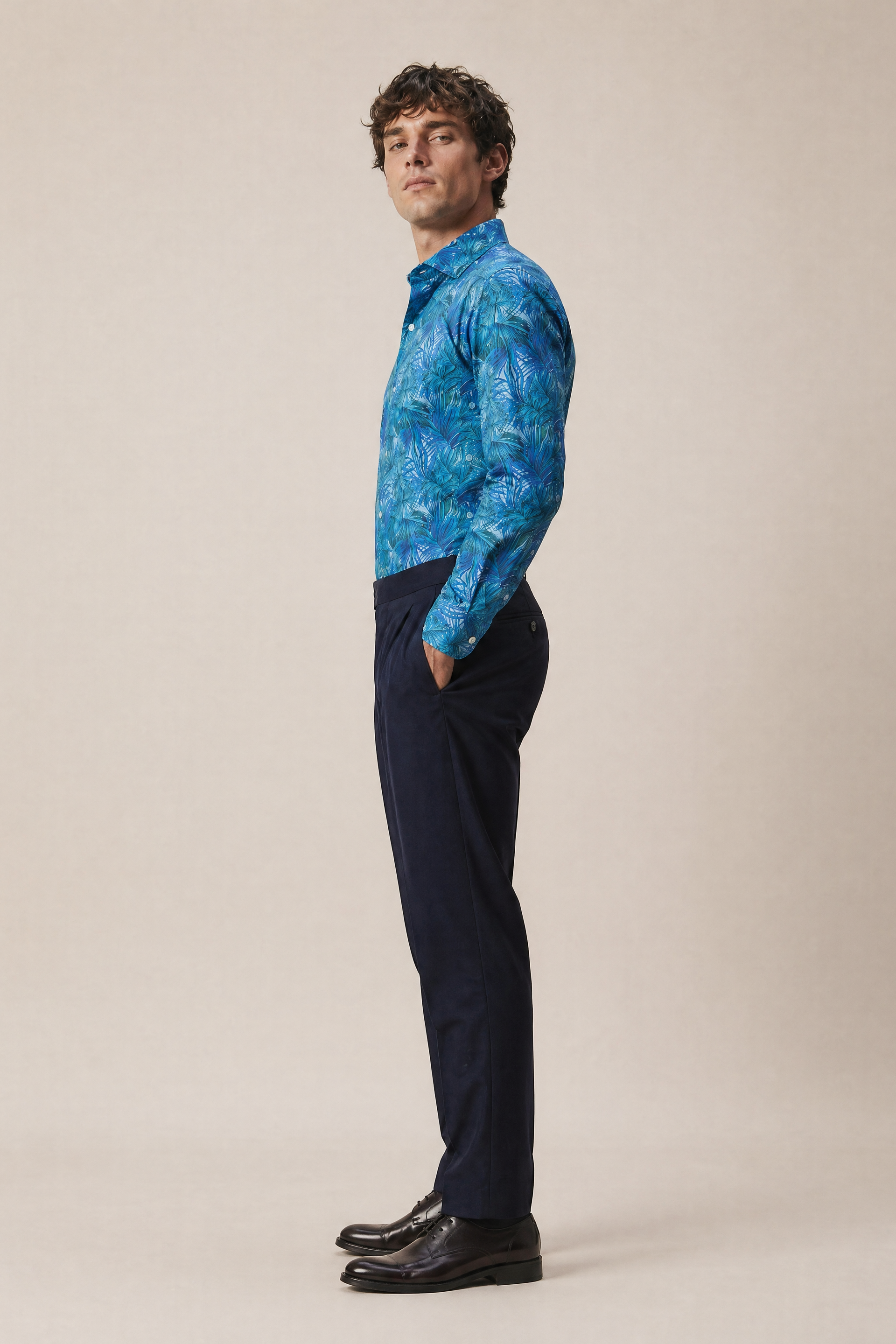Palm Print Shirt Slim Fit Blue
