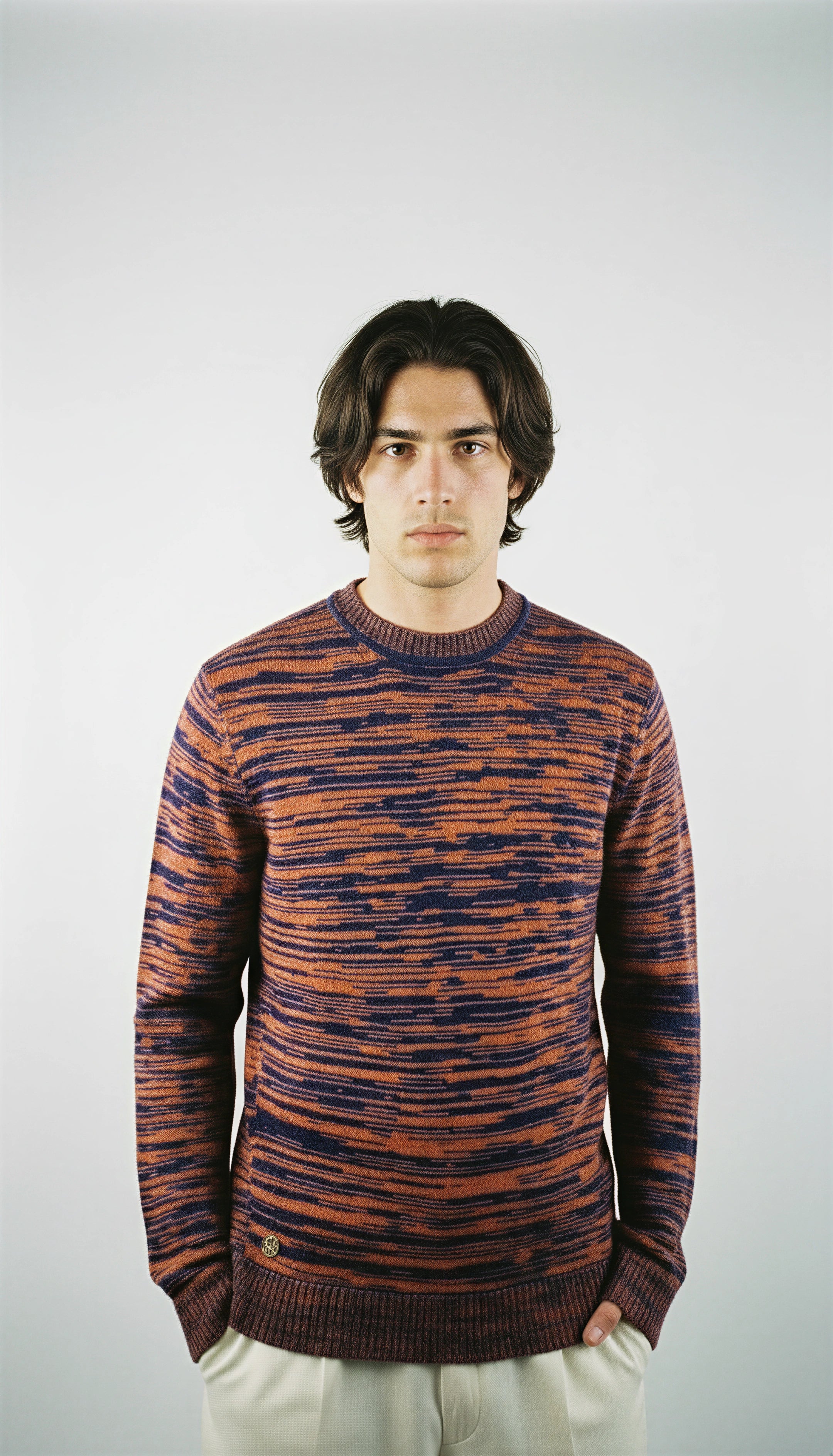 Pullover Handgemacht in Peru Baby Alpaka Wolle Slim Fit Rundhals Orange/Lila